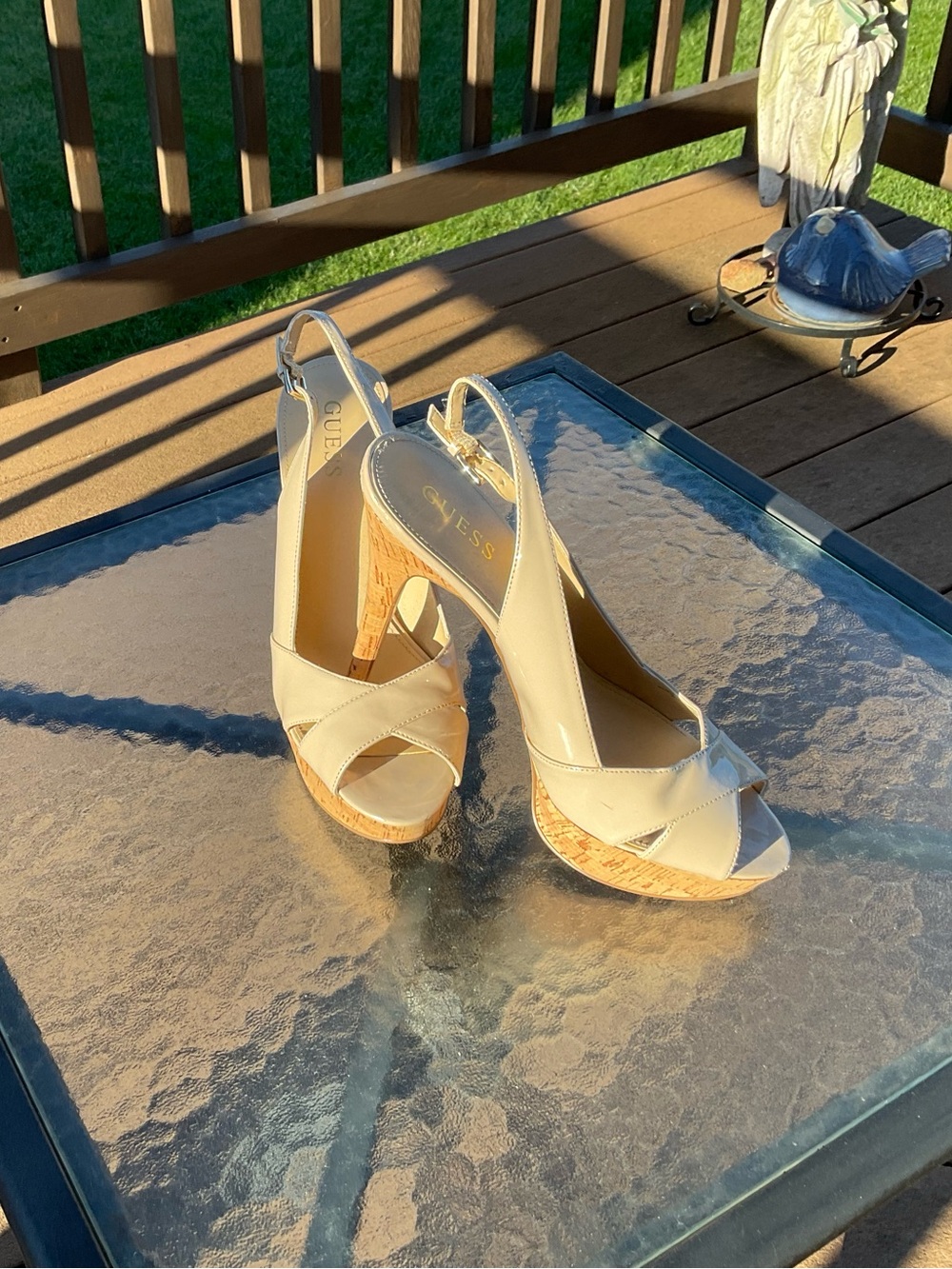 GUESS Cream Platform Cork Wedge Slingback Heels